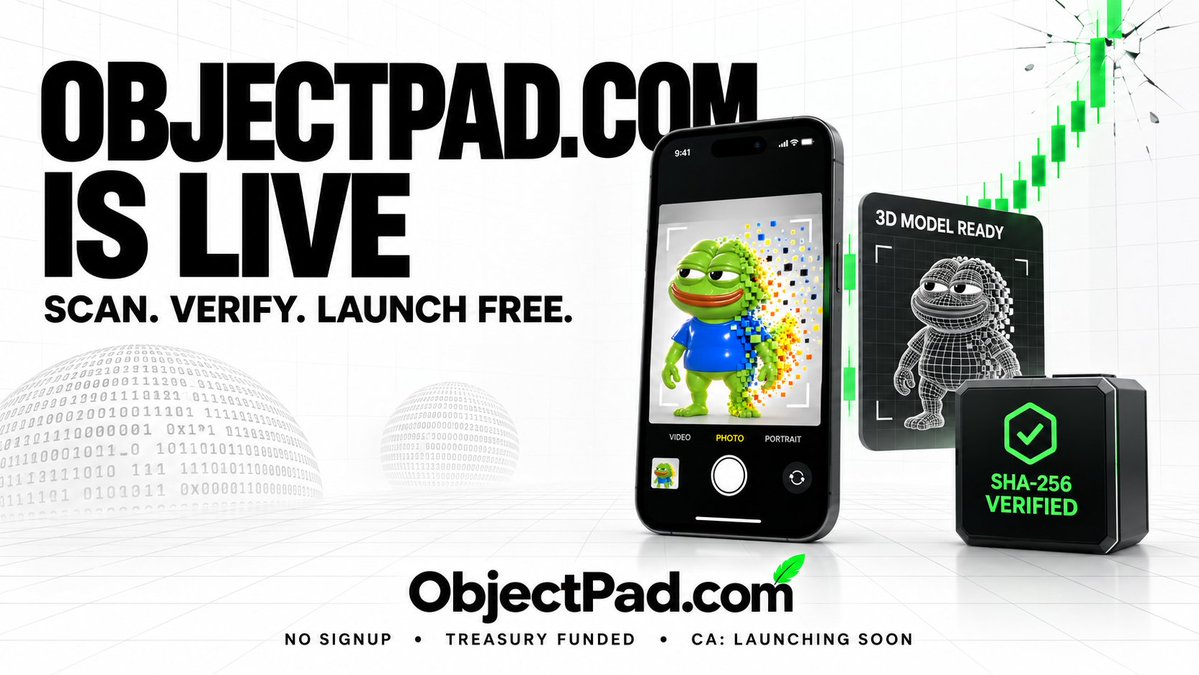 objectpad_'s tweet photo. $OBJECTPAD launches soon.

The real world is becoming the next onchain market.

Turning a physical object into its own coin takes just 3 steps:

1. Scan any physical object using your phone.

2. Verify its identity through our SHA-256-based fingerprinting and uniqueness system, designed to prevent duplicate launches.

3. Launch its coin for $0, with eligible launch costs covered by our treasury.

Just find an object, scan it, and bring it onchain.

🌐 https://t.co/fgs8UG8Shf