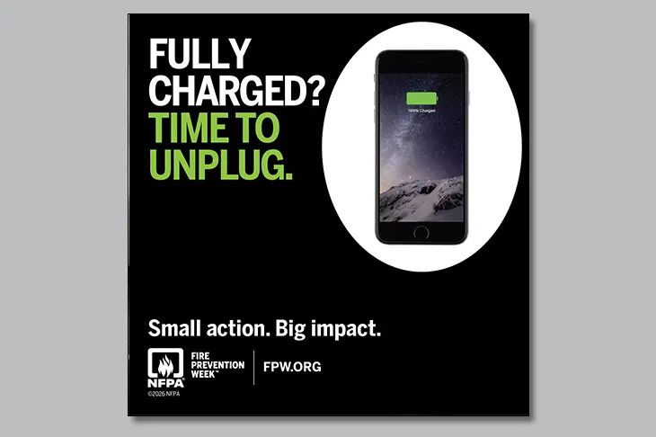 SPFPD's tweet photo. Unplug your device when it is fully charged. Leaving it plugged in longer than needed can increase heat and stress on the battery. 

#FirePreventionWeek #ChargingSuperpower #ChargingSafety. https://t.co/5AFYXthALE