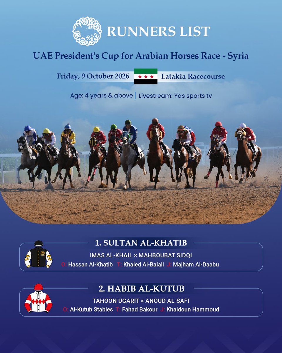 TheEmiratespcup's tweet photo. An elite field ready for the challenge in Syria. 🐎🏆
Meet the runners and all the key details for the UAE President’s Cup for Pure Arabian Horses, ahead of the race for the Syria leg title at Latakia Racecourse on 9 October.
#UAEPresidentCup | #SyriaStage | #LatakiaRacecourse
#كأس_رئيس_الدولة_للخيول_العربية | #مضمار_اللاذقية