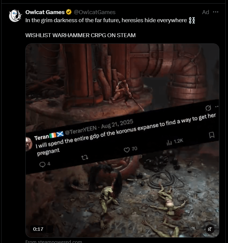trehammerpaints's tweet photo. This is an official ad for the upcoming 40k Dark Heresy CRPG. Devs are boasting people want to impregnate the Kroot companion. 
Source: https://t.co/XkKnm1mu6K
Posted by: Brushner https://t.co/1x0w4Ln9BY