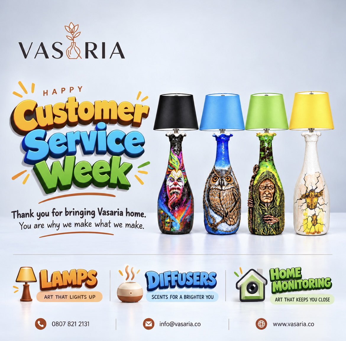 vasaria_co's tweet photo. Happy Customer Service Week! 💡

To everyone who brought Vasaria home: thank you. You're why we make what we make. 🎨✨

Lamps that light up your space, diffusers that brighten your day, and home monitoring that keeps you close.

#CustomerServiceWeek #Vasaria #ArtThatLightsUp https://t.co/QR35bmDgNV