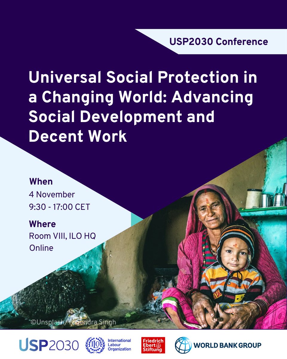 soc_protection's tweet photo. 📢 Save the date!

On 4 Nov, the #USP2030 Conference will bring together governments, workers, employers &amp; partners to explore how Universal #SocialProtection can advance social development and #DecentWork in a changing world.

📍 ILO Geneva &amp; online
👉 https://t.co/hwII1QpkLa https://t.co/YRQraaSBEg