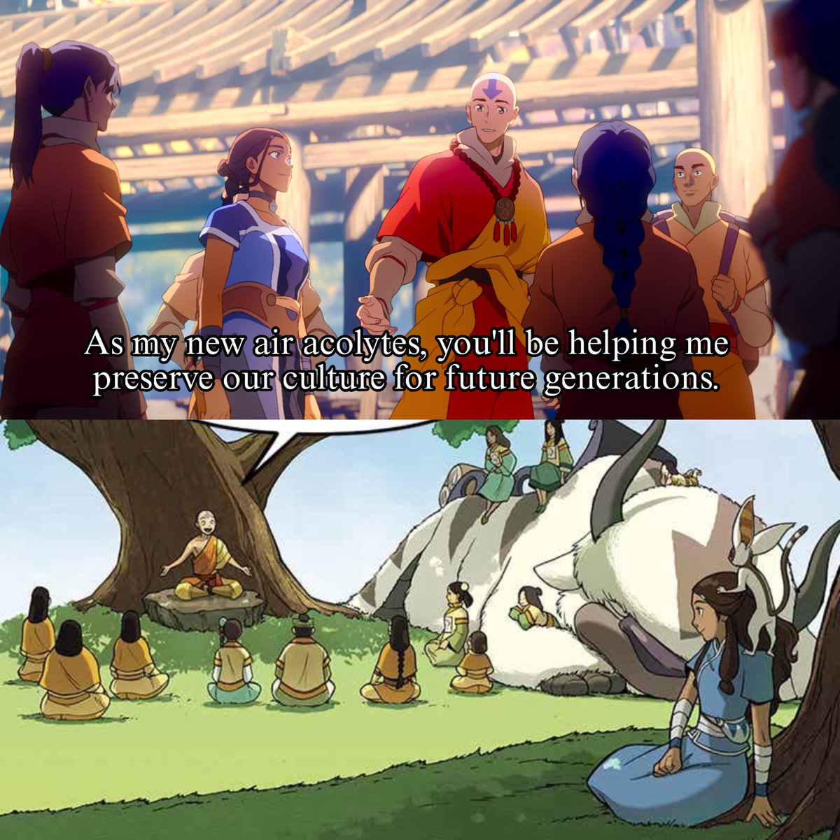 dailykataang's tweet photo. unlike the comics, i love how katara’s not in the shadows watching aang from a distance, but actually encircled around the acolytes, incorporated into aang’s culture without losing her own water tribe identity. it truly honors her as the future matriarch of the new air nation. https://t.co/2KGY2isE3R