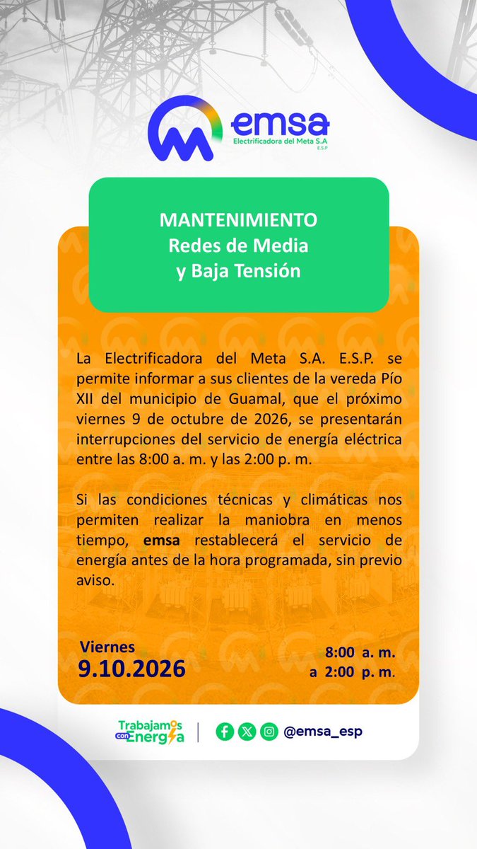 ReporterodelM's tweet photo. Informacion importante del suministro del servicio de la Electrificadora del Meta SA ESP 📍✅ https://t.co/oT7eLC7pY6