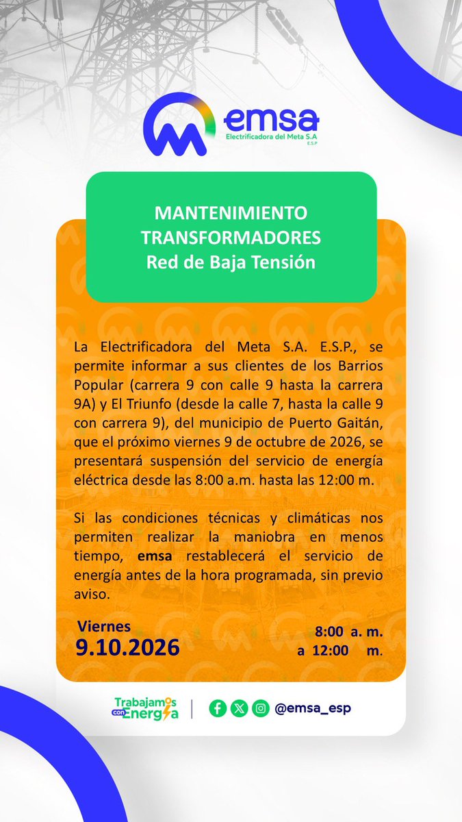 ReporterodelM's tweet photo. Informacion importante del suministro del servicio de la Electrificadora del Meta SA ESP 📍✅ https://t.co/oT7eLC7pY6