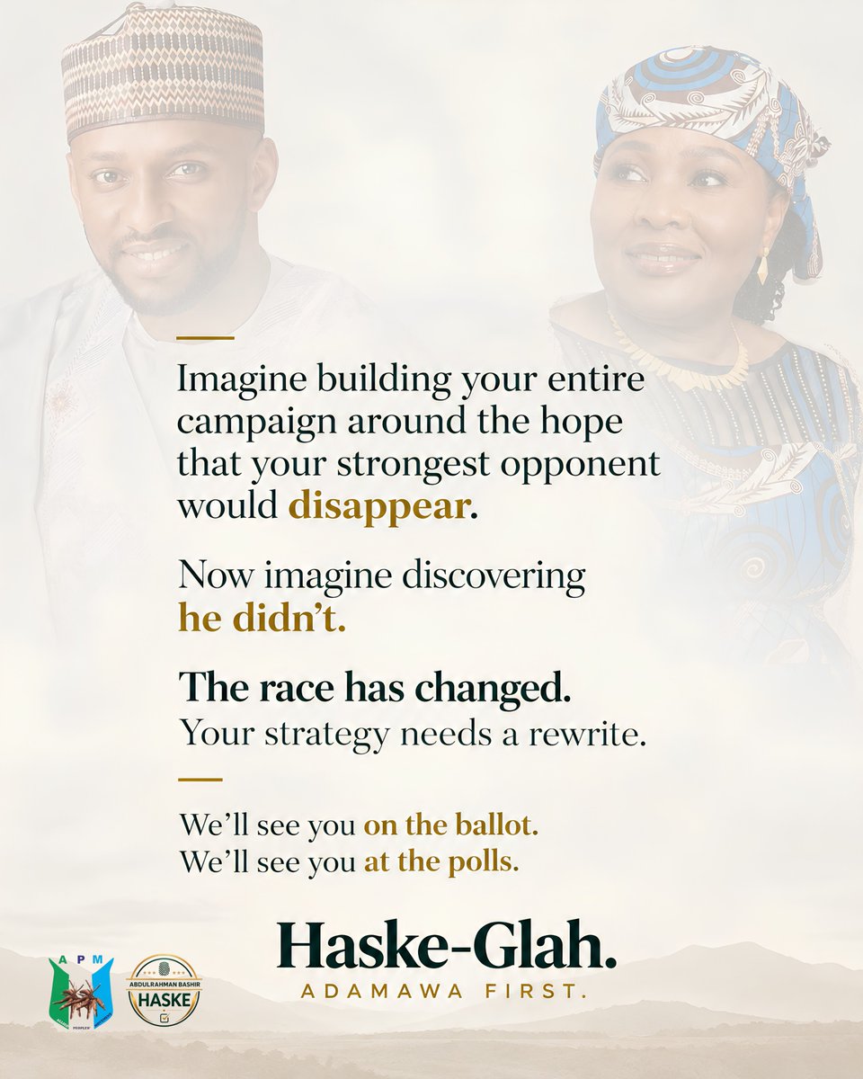 OfficialABHaske's tweet photo. The challenge is simple: bring your best. We’ll bring ours.
The next chapter will be decided by the people.
Stay informed, stay engaged, and make your voice count.
Haske–Glah. Adamawa First.
@OfficialSafriel
#haskeglah #HaskeIsOk #adamafirst #APM https://t.co/QJ9HHgzCGj