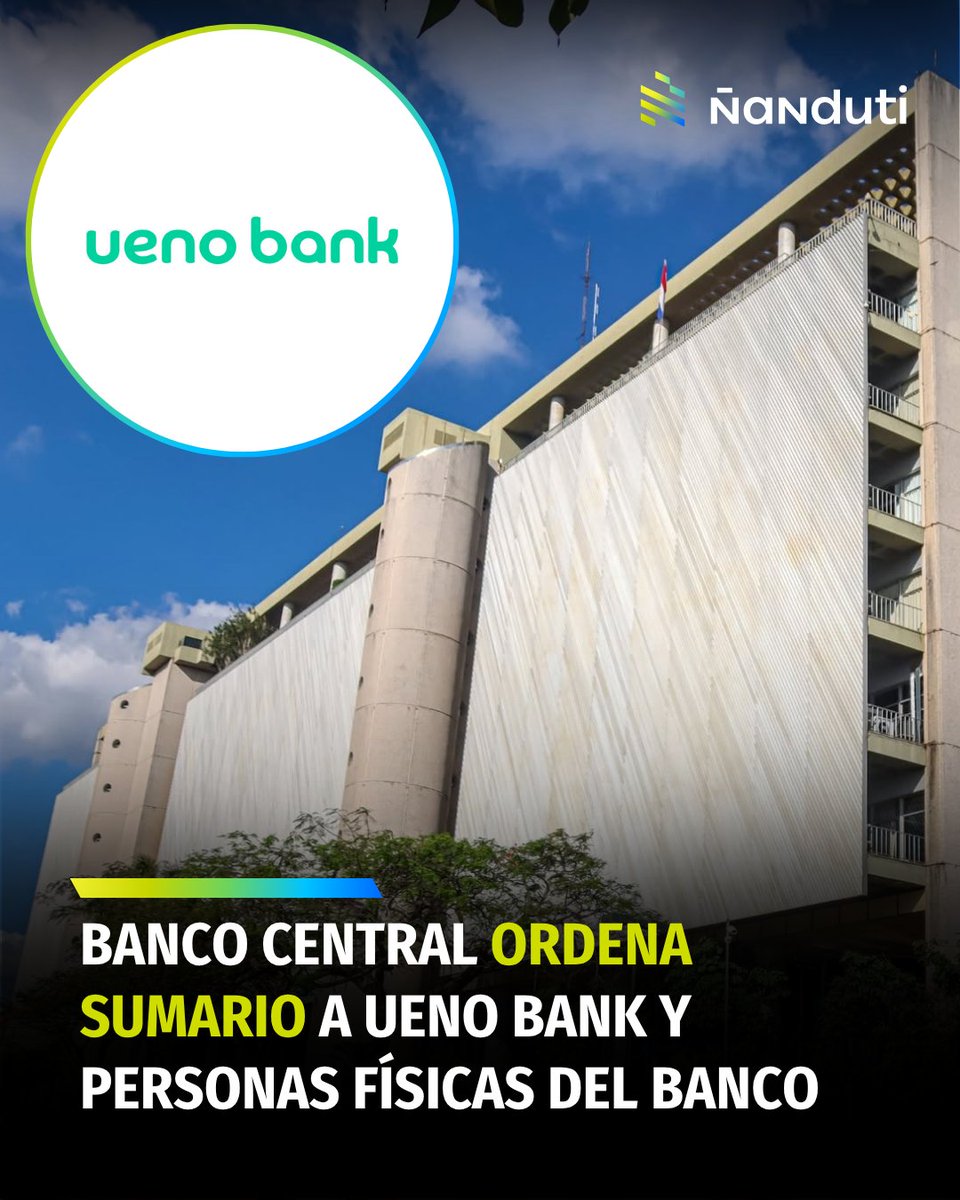 nanduti's tweet photo. #LOÚLTIMO | BCP ordena sumario a Ueno Bank y personas físicas del banco

👉 El Banco Central del Paraguay (BCP) confirmó, en su respuesta al Senado, que se encuentra en curso un sumario administrativo contra Ueno Bank S.A. y contra personas físicas de la entidad, luego de que la Superintendencia de Bancos detectara un exceso en los límites aplicables a operaciones con partes vinculadas.

📄 Según el informe, la Superintendencia identificó, en su proceso de monitoreo, un eventual exceso de límites vinculado al no reporte de excesos y a la desvinculación de clientes del grupo de personas vinculadas asociadas a la entidad. El organismo realizó dos intervenciones: una notificación el 05/06/2026 y un segundo requerimiento, del 24/07/2026, para incorporar a determinadas personas jurídicas al grupo de vinculados y recalcular la exposición crediticia consolidada.

💳 Como parte del ajuste exigido, Ueno Bank incluyó la venta de una cartera de créditos. El BCP indicó que ese contrato de cesión reunió los requisitos de validez civil y comercial, por lo que la calidad de acreedor pasó a la empresa adquirente, pero aclaró que actualmente se sustancia un sumario administrativo para determinar si existió o no financiación indirecta prohibida en esa operación. La Superintendencia emitió, además, una Nota con un requerimiento de obligada observancia sobre la venta de cartera, y la Unidad Jurídica se expidió mediante un dictamen

💵 Respecto a los antecedentes de regularización en el sistema financiero, el BCP informó que en los últimos 24 meses se registró un solo caso de exceso a límites de vinculados en todo el sistema (el de Ueno Bank).

#Ñanduti