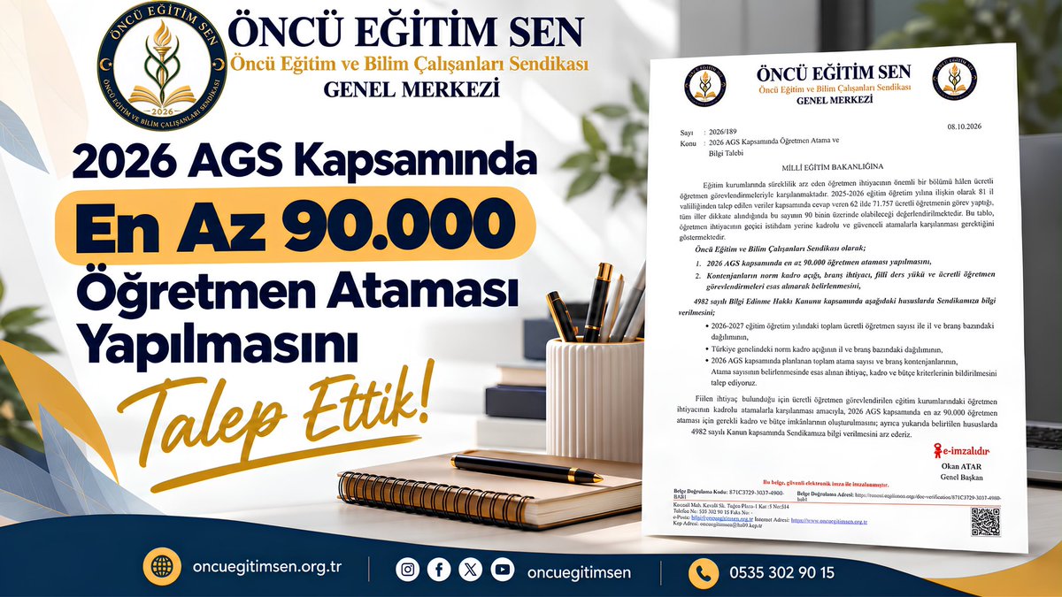 Okanatar_oes's tweet photo. Öncü Eğitim Sen olarak 2026 AGS kapsamında en az 90 bin öğretmen ataması yapılması ve kontenjanların branşların gerçek ihtiyacına göre adil dağıtılması talebimizi MEB’e ilettik.
@tcmeb @Yusuf__Tekin @RTErdogan 
#AdilBranşAgs50BinBahçeliden https://t.co/J4rEoF4BPL