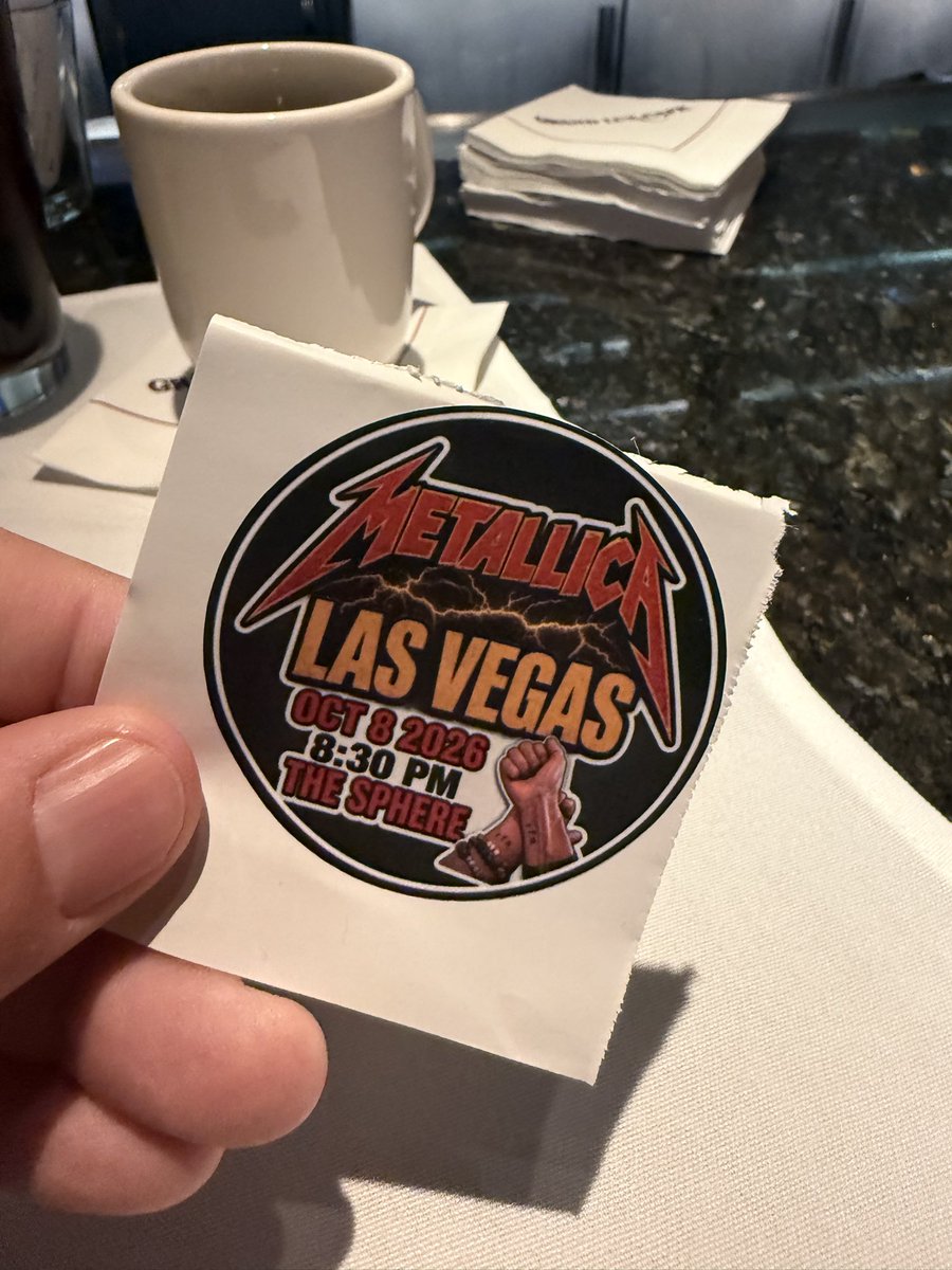 ansonpc's tweet photo. Metallica at the Sphere tonight. Sober, no gambling, free stickers I made for strangers. Up at 4:30, 15,000 steps. Sober doesn't make Vegas smaller. It makes the lights louder. RFN. #metallica#sphere
 https://t.co/epMB4pE4oi https://t.co/ffjBz7BmsY