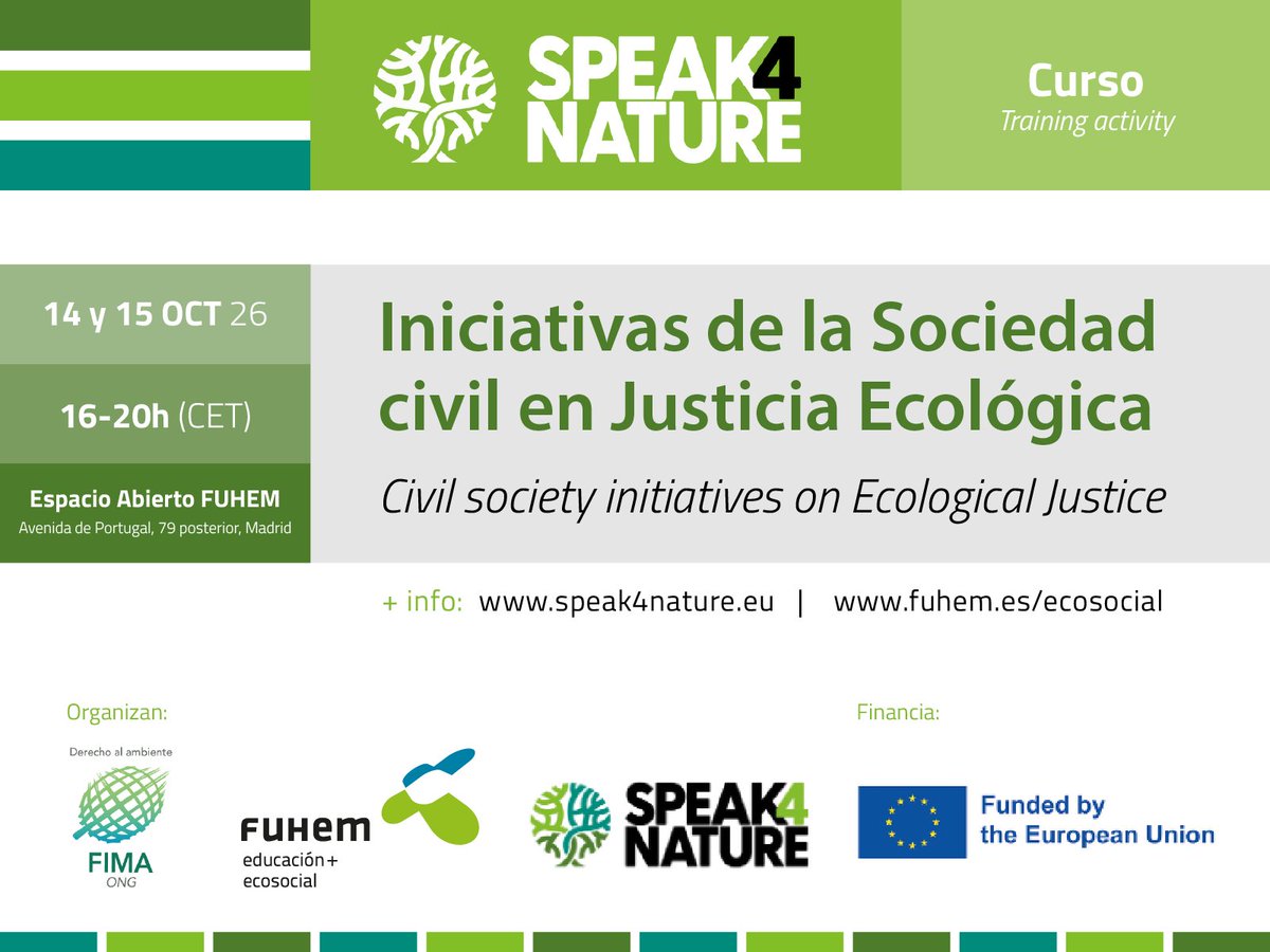 FIMA_Chile's tweet photo. 🌿 Junto a @Speak4Nature y @FUHEM  realizaremos dos jornadas sobre #JusticiaEcológica y participación de la sociedad civil.

Los eventos serán presencialmente en Madrid, pero ¡también puedes participar de forma virtual 💻! https://t.co/5Rw4VdTJiA