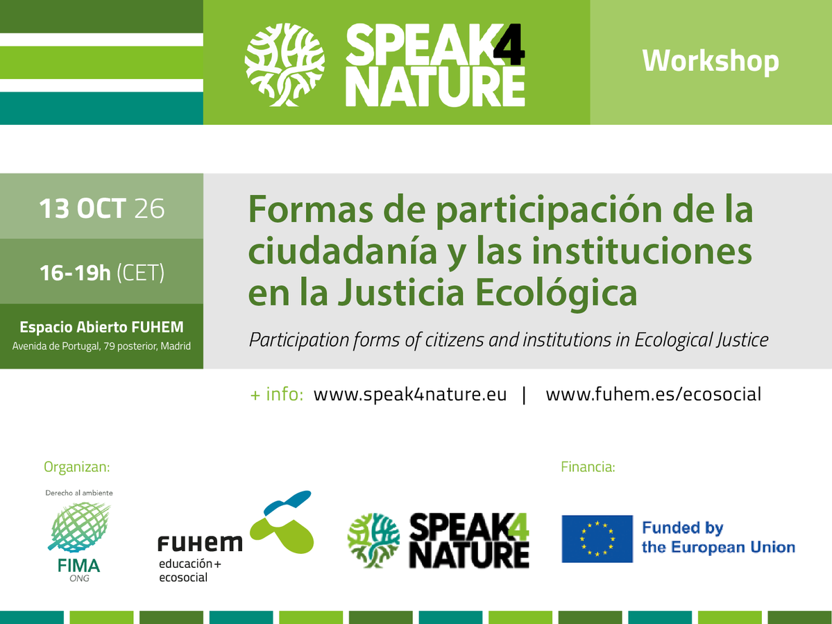 FIMA_Chile's tweet photo. 🌿 Junto a @Speak4Nature y @FUHEM  realizaremos dos jornadas sobre #JusticiaEcológica y participación de la sociedad civil.

Los eventos serán presencialmente en Madrid, pero ¡también puedes participar de forma virtual 💻! https://t.co/5Rw4VdTJiA