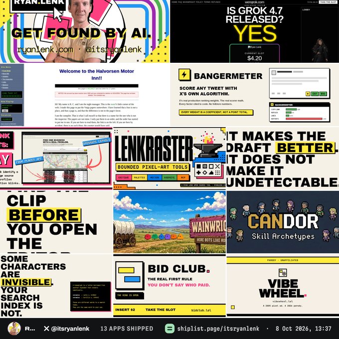 A collage of various app screenshots and design projects by "ryanlenk" showcasing tools like BANGERMET, LENKRASTER, and CANDOR, dated 8 Oct 2026.