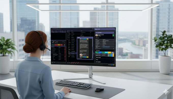 A woman with auburn hair wearing a headset sits at a white desk using a large ultrawide monitor displaying multiple trading/chat application windows, with a keyboard, mouse, and potted plants in a modern office with city views.