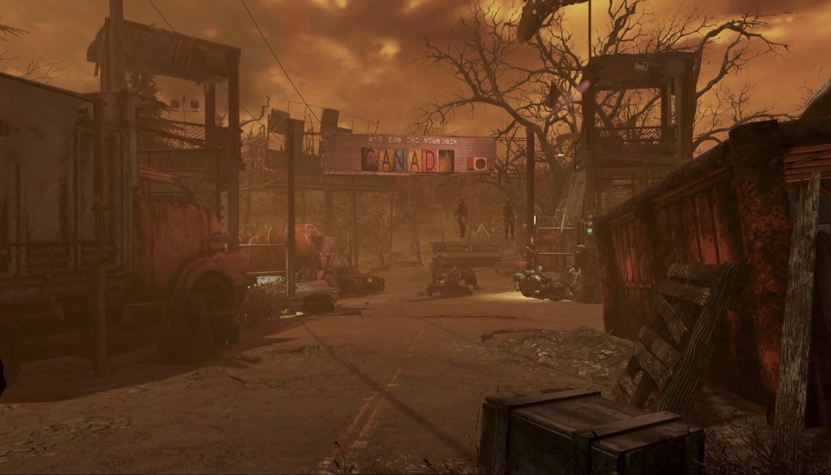 76Theatre's tweet photo. Throwback to this end-credit scene of the Canadian border from @falloutonprime 
OH NO WAIT it’s a Fallout 76 camp. https://t.co/nHzXMwBWGX
