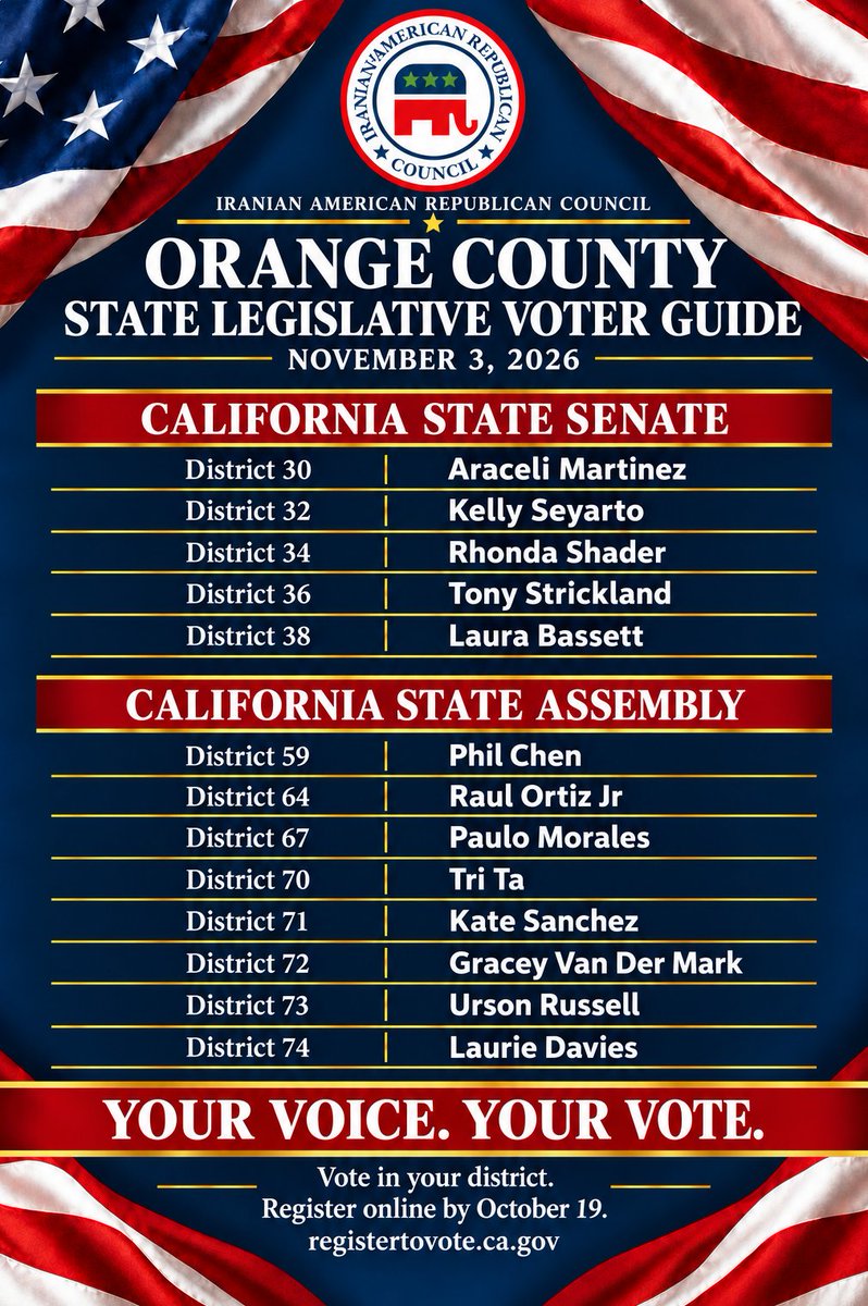 iarcgop's tweet photo. 🇺🇸 Iranian Americans across Orange County let’s show up, participate, and make our voices heard! 
The Iranian American Republican Council invites you to take part in this election.
Our State Legislative Voter Guide is available in English and Persian. Share it with friends and family!

🇺🇸 ایرانی-آمریکایی‌های اورنج کانتی؛ وقت حضور پرشور است! شورای ایرانی-آمریکایی حزب جمهوری‌خواه از شما دعوت می‌کند با مشارکت گسترده در انتخابات، صدای خود را به گوش برسانید.

راهنمای رأی‌دهی مجلس ایالتی به فارسی و انگلیسی آماده است؛ با خانواده و دوستانتان به اشتراک بگذارید!
#IARC #OrangeCounty #YourVoteMatters #Election2026