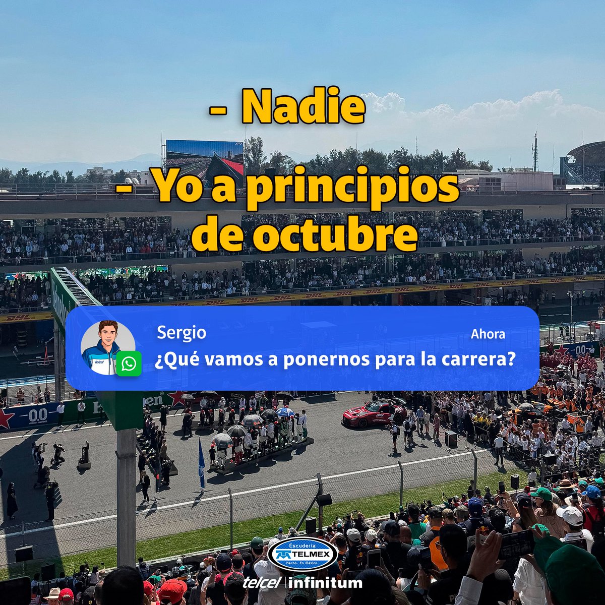 escuderiatelmex's tweet photo. Es que después nos agarran las prisas 🇲🇽😌🏁 ¡Nos vemos en 24 días en el #MéxicoGP! 🏎️💨🏁 https://t.co/hKmpCjGJ3V