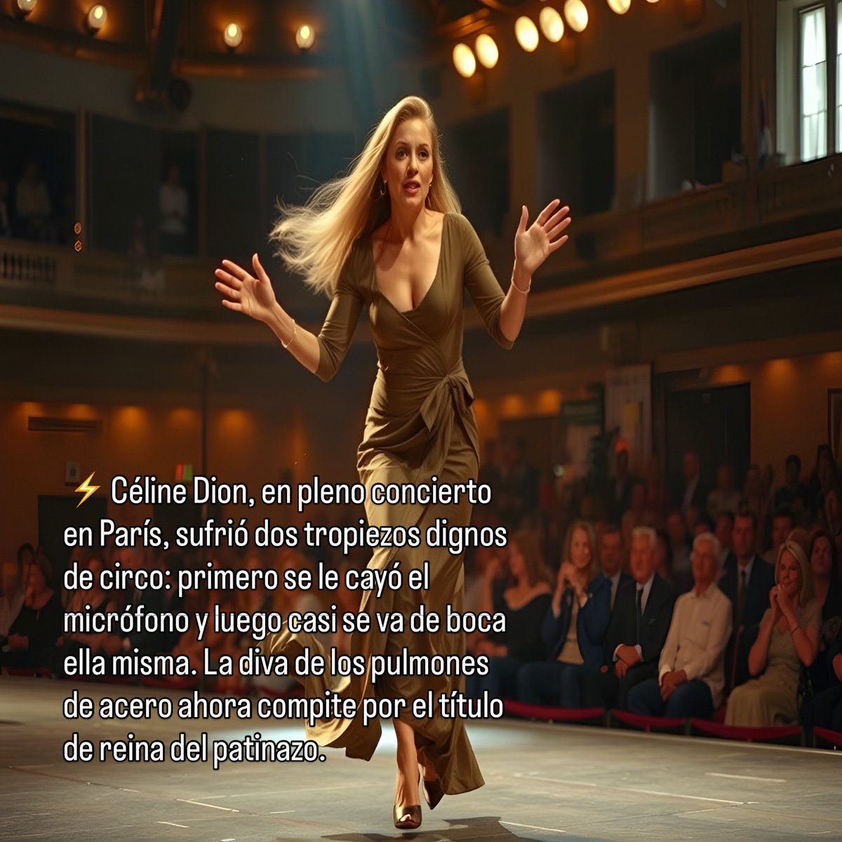 webmty_com's tweet photo. ⚡ Céline Dion, en pleno concierto en París, sufrió dos tropiezos dignos de circo: primero se le cayó el micrófono y luego casi se va de boca ella misma. La diva de los pulmones de acero ahora compite por el título de reina del patinazo.
#CelineDion #Paris #FailEnVivo https://t.co/GgBzMWNGWk