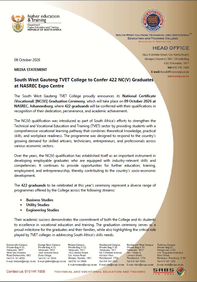 SWGCollege's tweet photo. 🎓 422 Graduands. One Proud Moment.

Tomorrow, 09 October 2026, South West Gauteng TVET College will celebrate 422 NC(V) graduands at the NASREC Expo Centre.

Representing our Business, Utility and Engineering Studies streams, these graduates are ready to make their mark in industry, entrepreneurship and society.

📱 The ceremony will be streamed LIVE on the College's Facebook and YouTube platforms. Streaming links will be shared on our official social media channels.

Join us as we celebrate their hard work, perseverance and success.

#SWGC 
#NCVGraduation2026 
#EducationOfDistinction 
#ValuedSkillsForLife 🎓👏✨
