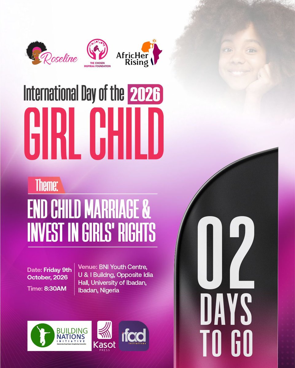 AdewuyiRoseline's tweet photo. ✨ 2 DAYS TO GO! ✨

Just 2 days until we make history!

We are set to celebrate the International Day of the Girl Child 2026 with a bold call to action: END CHILD MARRIAGE & INVEST IN GIRLS' RIGHTS.

This is more than an event , it's a movement for every girl who deserves to stay in school, dream big, and become all she can be.

Are you ready, Ibadan?

🗓️ Friday, 9th October, 2026 | 8:30AM
📍 BNI Youth Centre, U & I Building, Opposite Idia Hall, UI, Ibadan

Tell a girl, bring a girl, support a girl. Let's do this together! 💜

#2DaysToGo #IDG2026 #InvestInGirls #EndChildMarriage #GirlChildDay