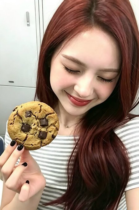 A young woman with long red hair and a striped shirt smiles down at a large chocolate chip cookie she is holding up to the camera.