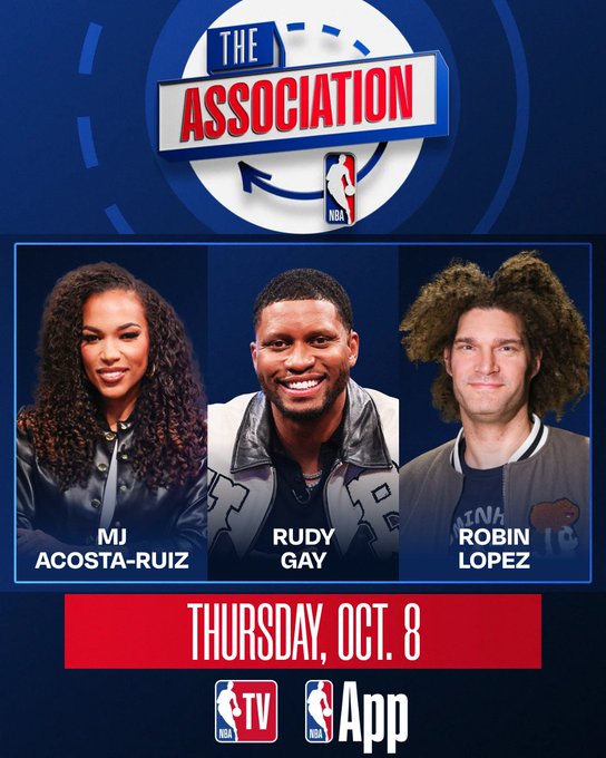 A promotional graphic for "The Association" on NBA TV features headshots of hosts MJ Acosta-Ruiz, Rudy Gay, and Robin Lopez, airing Thursday, Oct. 8 following the Wizards/Knicks preseason game, with reactions and a preview of two WNBA Game 3s.