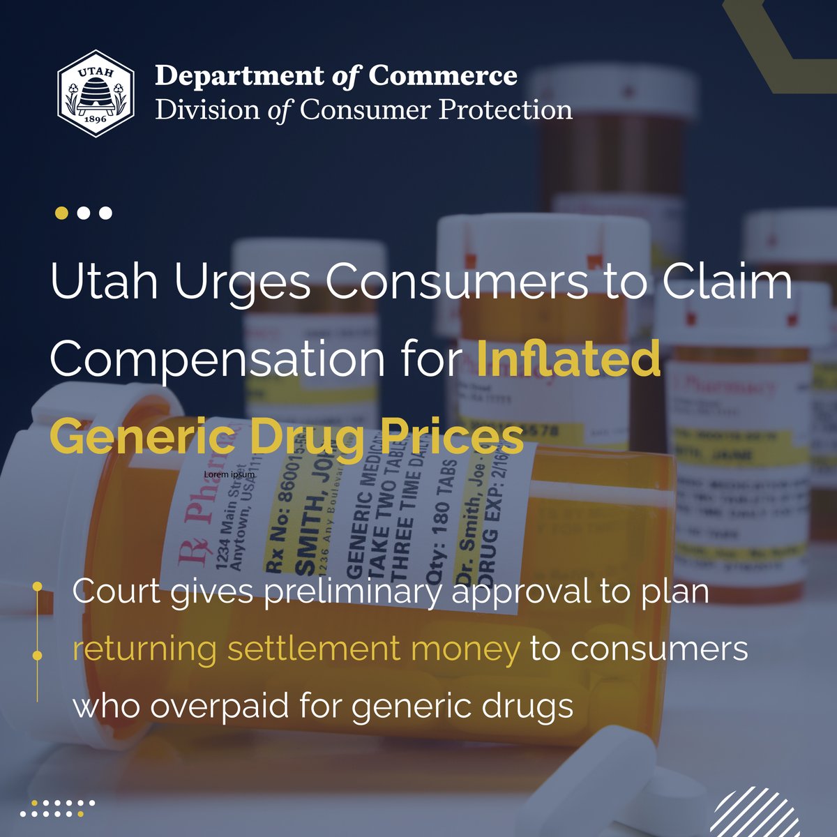 UtahDCP's tweet photo. Did you purchase generic prescription drugs between May 2009 and December 2019? 📢 Consumers may be eligible for compensation from a $96.5 million settlement!
Check eligibility and submit your claim before the March 8, 2027, deadline:
•Visit https://t.co/ldCpAzp9oV https://t.co/M5xGq2avZg