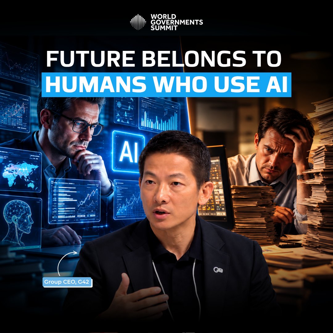 WorldGovSummit's tweet photo. The future belongs to humans who use AI. 

Peng Xiao, Group CEO of G42 @G42ai, argues that the real divide may not be AI vs. humans, but humans with AI vs. those without it.

As AI takes on more human functions, those who use it could gain new capabilities, knowledge, and ways to work.
Watch the full conversation. Link - https://t.co/4GrTQXgZdT