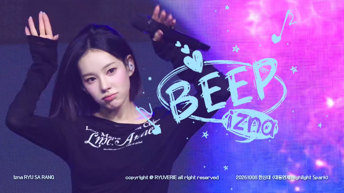 A K-pop performer on stage with graffiti-style text 'BEEP izna' overlaid; watermark reads 'Izna RYU SA RANG' and 'copyright @ RYUVERIE all right reserved'.