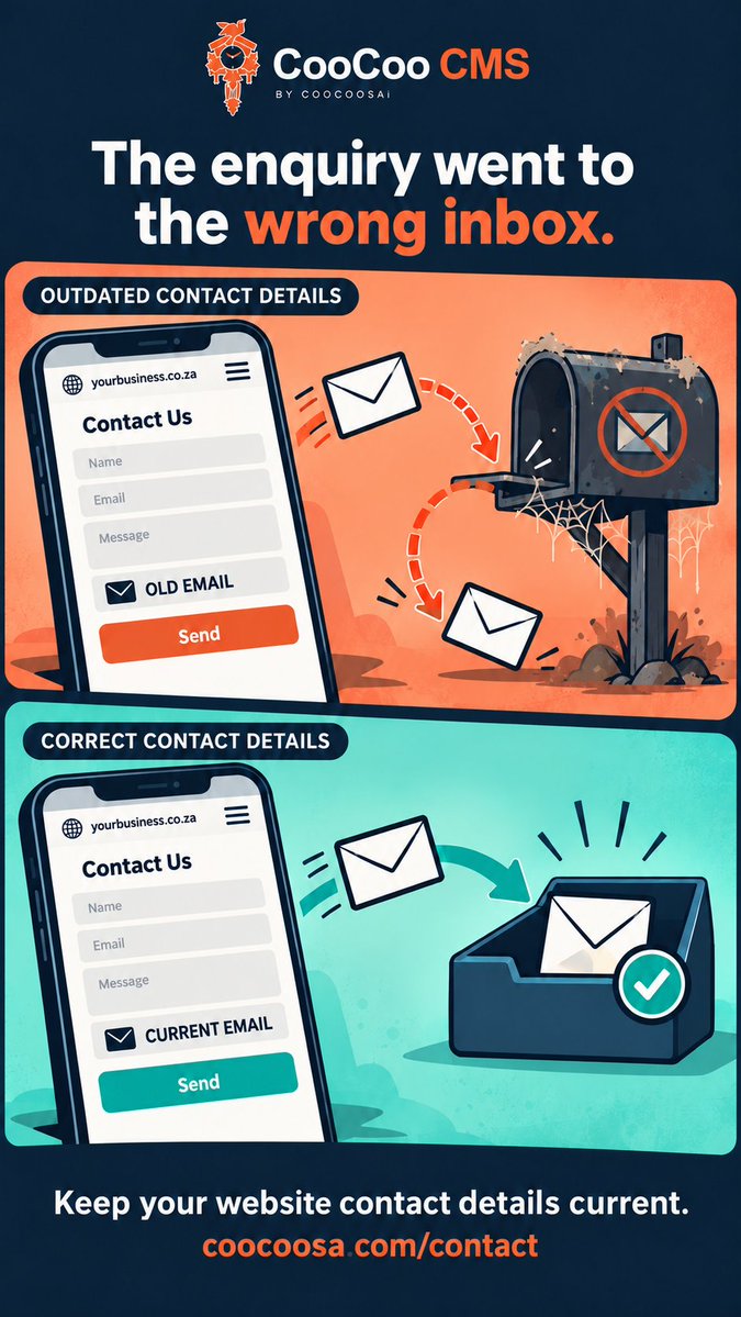 CooCooCoZa's tweet photo. The enquiry went to the wrong inbox.
Keep your contact details current.
Illustrative business example. Discuss your website and CMS: https://t.co/nM7l2cN3uf
#CooCooCMS #WebDesign https://t.co/SrVywIcSCZ