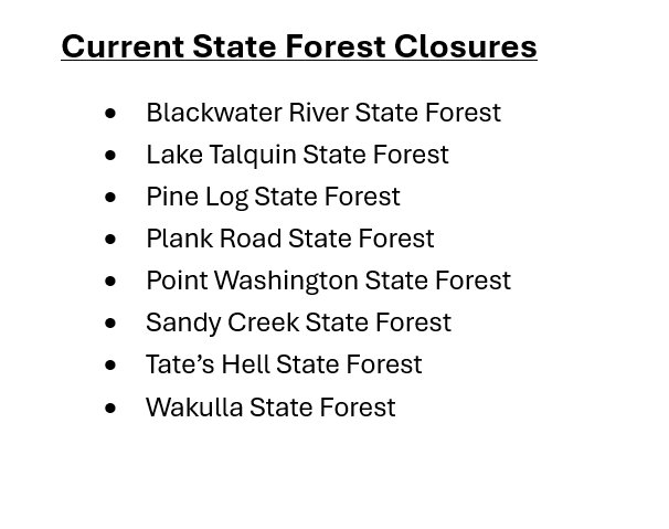 FLForestService's tweet photo. 🚨UPDATE: Effective Oct. 8, 2026, at 1 p.m., all campgrounds and recreation areas on the following State Forests are closed due to Hurricane Isaias.

Refunds will be issued automatically for reservations. For more, visit https://t.co/Mw4wBytoGF or call (877) 879-3859. https://t.co/9xLA1TvNpJ
