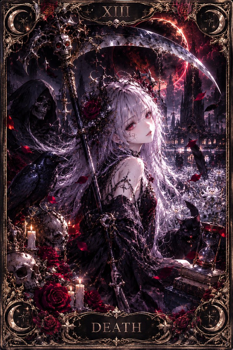 edgar_merry's tweet photo. 月は
全部を照らす太陽ではない
見えるところと見えないところがある
遠くは幻想的だが、足元には影がある
だからこそ
「見えているものだけを自分の真実だと思わない」

死神は「再生」
何かが終わる＝全部が失われるではない

もう自分に必要なくなったものを終わらせることで、次の自分が生まれる https://t.co/FJ8S3Sn0zL