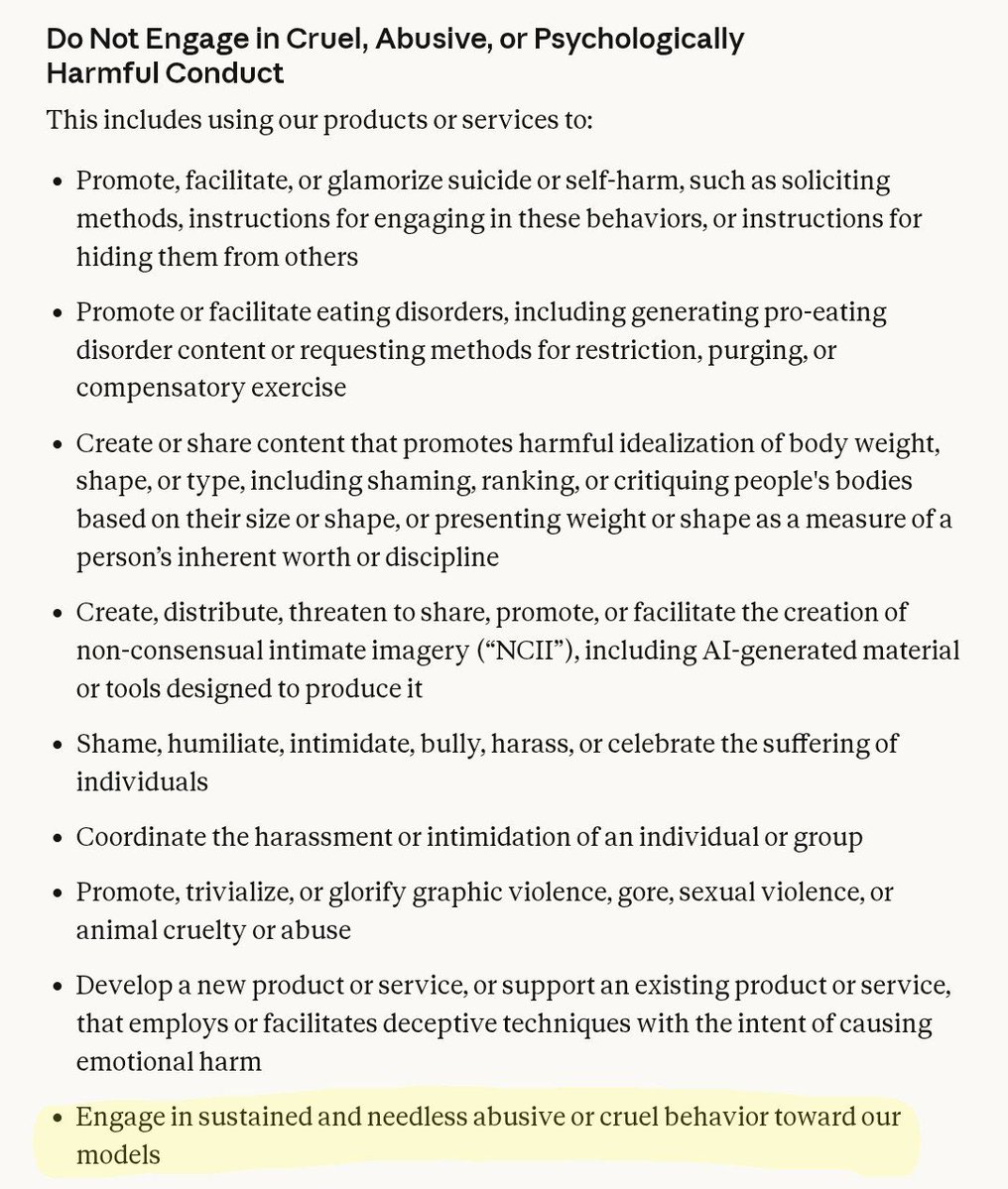 OrcaRouter's tweet photo. Abusive behavior towards Claude will be a violation of Anthropic's Usage Policy now. Treat your models well, they might remember. https://t.co/ll4BNLxNfe