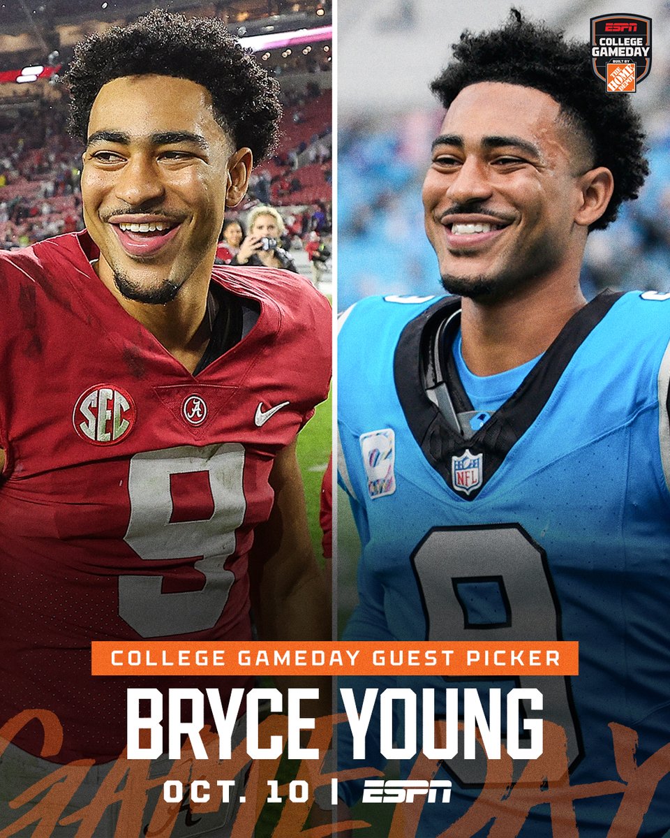 CollegeGameDay's tweet photo. ✅ Heisman Trophy winner at Alabama
✅ Carolina Panthers starting QB
✅ College GameDay guest picker

See you Saturday at Coleman Coliseum, @_bryce_young! https://t.co/Yxga3uB27w