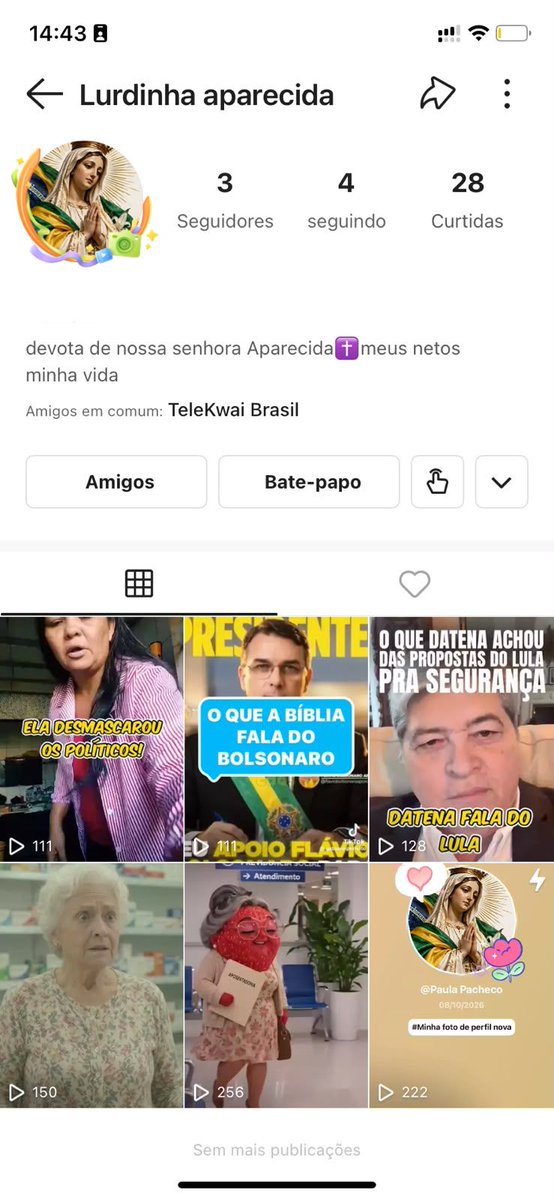paulaweek's tweet photo. já fiz 3 perfis no kwai

julinha alves é mãe d anjo azul e posta religiao e  autismo VÍDEO D GENTE NORMAL ENGAJA +

lurdinha aparecida é devota d nossa senhora, ama os netos e fala d aposentadoria, remedio e santa

babados do insta posta carlinhos e politica como se fosse fofoca https://t.co/qzhFuMG5ox