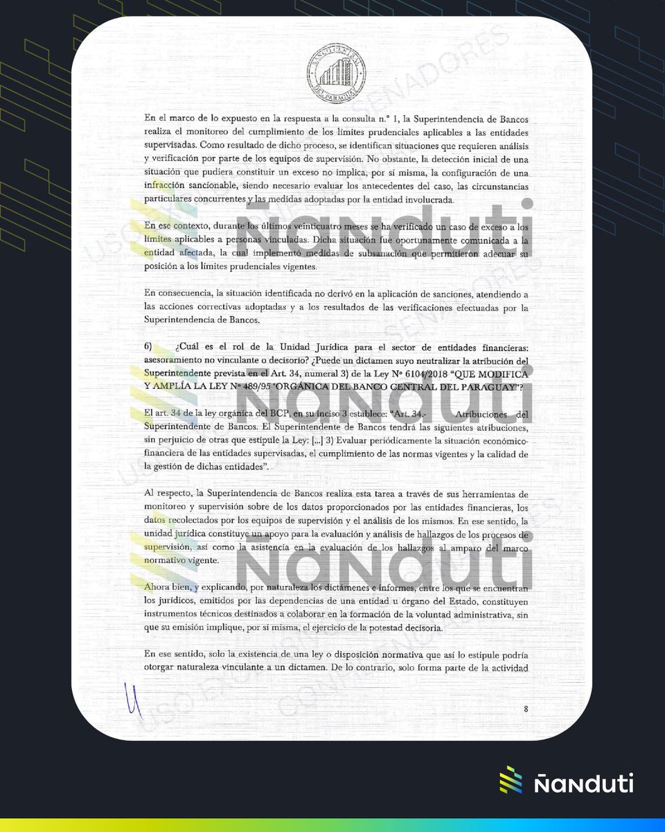 nanduti's tweet photo. #LOÚLTIMO | BCP ordena sumario a Ueno Bank y personas físicas del banco

👉 El Banco Central del Paraguay (BCP) confirmó, en su respuesta al Senado, que se encuentra en curso un sumario administrativo contra Ueno Bank S.A. y contra personas físicas de la entidad, luego de que la Superintendencia de Bancos detectara un exceso en los límites aplicables a operaciones con partes vinculadas.

📄 Según el informe, la Superintendencia identificó, en su proceso de monitoreo, un eventual exceso de límites vinculado al no reporte de excesos y a la desvinculación de clientes del grupo de personas vinculadas asociadas a la entidad. El organismo realizó dos intervenciones: una notificación el 05/06/2026 y un segundo requerimiento, del 24/07/2026, para incorporar a determinadas personas jurídicas al grupo de vinculados y recalcular la exposición crediticia consolidada.

💳 Como parte del ajuste exigido, Ueno Bank incluyó la venta de una cartera de créditos. El BCP indicó que ese contrato de cesión reunió los requisitos de validez civil y comercial, por lo que la calidad de acreedor pasó a la empresa adquirente, pero aclaró que actualmente se sustancia un sumario administrativo para determinar si existió o no financiación indirecta prohibida en esa operación. La Superintendencia emitió, además, una Nota con un requerimiento de obligada observancia sobre la venta de cartera, y la Unidad Jurídica se expidió mediante un dictamen

💵 Respecto a los antecedentes de regularización en el sistema financiero, el BCP informó que en los últimos 24 meses se registró un solo caso de exceso a límites de vinculados en todo el sistema (el de Ueno Bank).

#Ñanduti