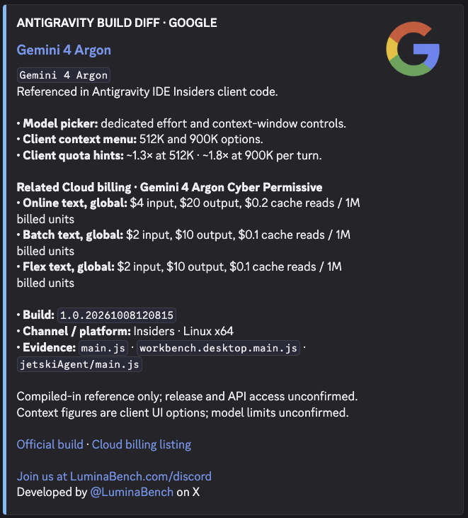 Antigravity build-diff image showing Gemini 4 Argon references, 512K and 900K context options, and pricing hints inside the product UI