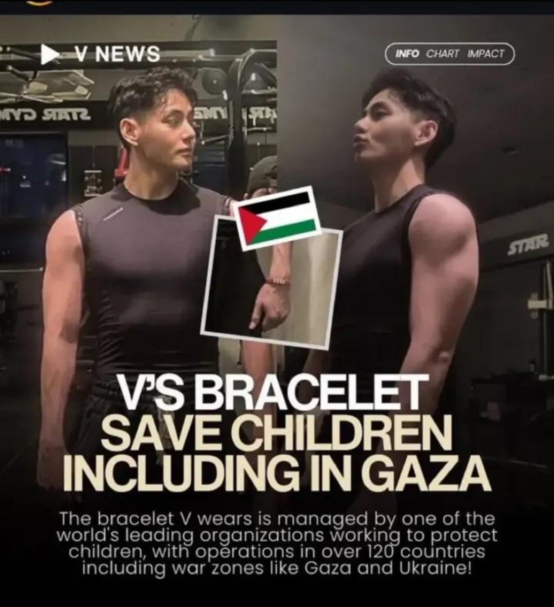 lvthvkook's tweet photo. Palestinians  Arabs are praising V so some losers started coping by dragging sensitive issues into fanwars
From wearing a Save the Children bracelet to supporting Banksy’s Palestine artwork auctioned for Palestinian relief tae has shown his support, He won’t be the villain+ https://t.co/LXBefrH6vv