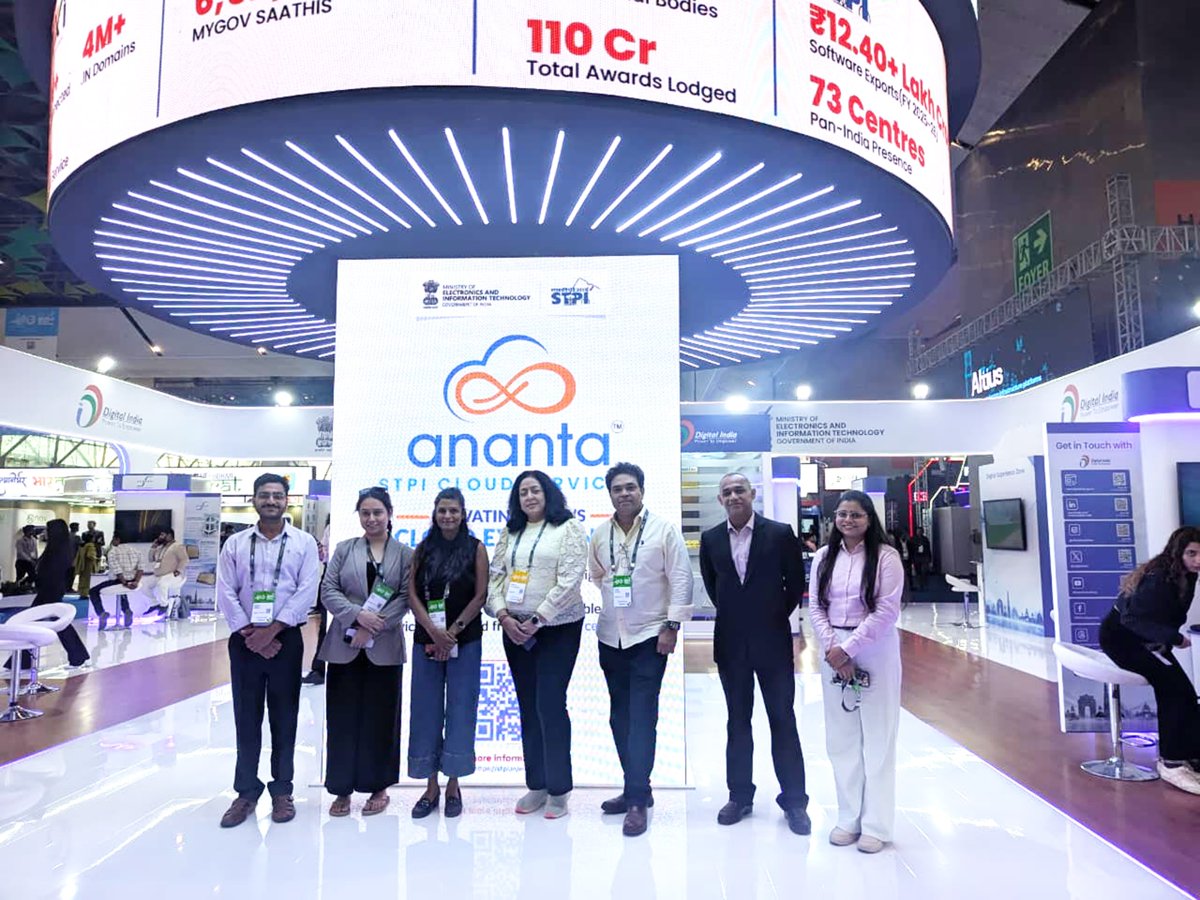stpiindia's tweet photo. STPI at India Mobile Congress 2026 🌟

India Mobile Congress 2026 continued with meaningful engagements and interactions at the STPI pods in the MeitY pavilion, bringing together conversations around technology, innovation and entrepreneurship.

The pavilion showcases STPI’s initiatives and services  including  STPI's Ananta Cloud services, CoEs initiatives and STPI nurtured startups showcasing their innovations strengthening India’s technology-led growth.

📍 Yashobhoomi, New Delhi
📅 7–10 October 2026
📌 Hall 1 | MeitY Pavilion, Stall D2A

For more info, visit: https://t.co/rN6bMPuscW

#STPI #IMC2026 #IndiaMobileCongress #Technology #Innovation #StartupEcosystem

@GoI_MeitY @AshwiniVaishnaw @JitinPrasada @SecretaryMEITY @arvindtw @_DigitalIndia @NeGD_GoI @exploreIMC @startupindia @makeinindia @OfficialINDIAai @DoT_India @pib_comm @stpinext @stpisayuj