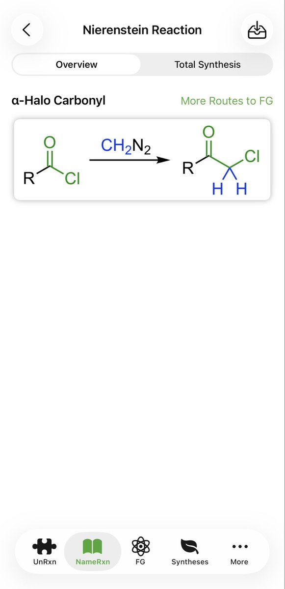 SynStrategy's tweet photo. The Nierenstein reaction converts acyl chlorides into α-chloroketones using diazomethane. The presence of HCl prevents a competing Wolff rearrangement.

The reaction has been applied in the #TotalSynthesis of (-)-Dysibetaine by Kobayashi and co-workers.
References in thread! https://t.co/scrPM6WMpc