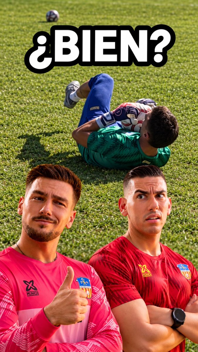 A Spanish-language thumbnail-style image features the text '¿BIEN?' over a goalkeeper lying on the grass clutching the ball, with two players in pink and red Munich-branded training gear below—one giving a thumbs-up and the other crossing his arms skeptically.
