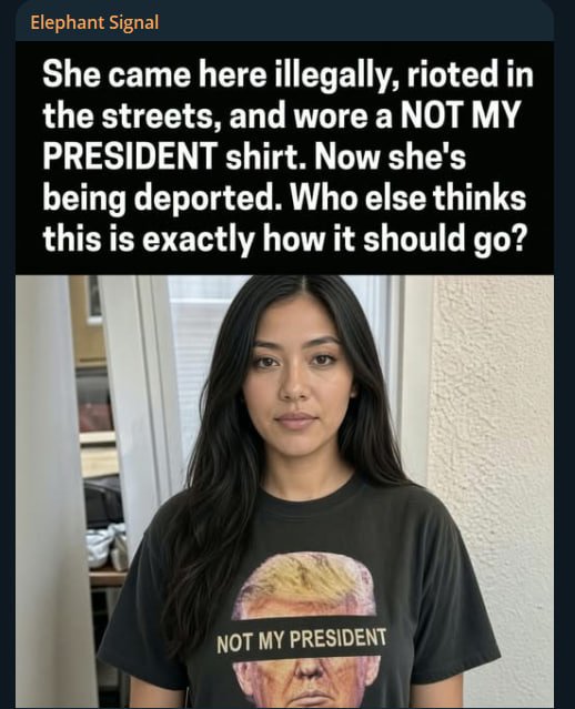 ElephantSignal's tweet photo. 🚨BOOM:

She came here illegally, rioted in the streets, and wore a “NOT MY PRESIDENT” shirt. Now she’s being deported.

Do you think this is exactly how it should go?

YES or NO? https://t.co/qfg4IVkixp