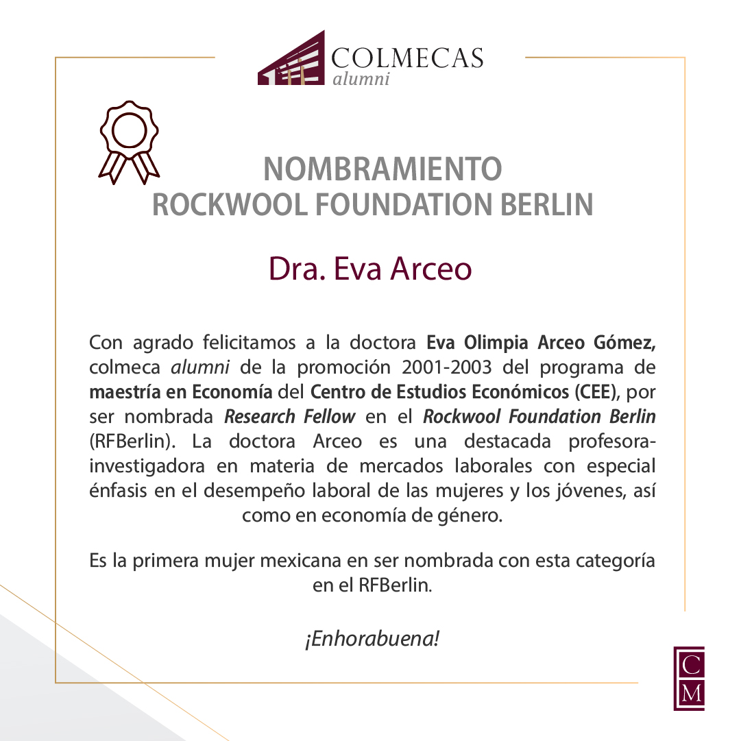 ColmecasA's tweet photo. Felicitamos a la Dra. Eva Arceo Gómez (@EvaOArceo), #colmecaalumni del @CEEColmex, por ser nombrada Research Fellow en el @RF_Berlin.  Es la primera mujer mexicana en ser nombrada con esta categoría en el RFBerlin.

¡Enhorabuena!🎉 https://t.co/U9sHw6z4DS