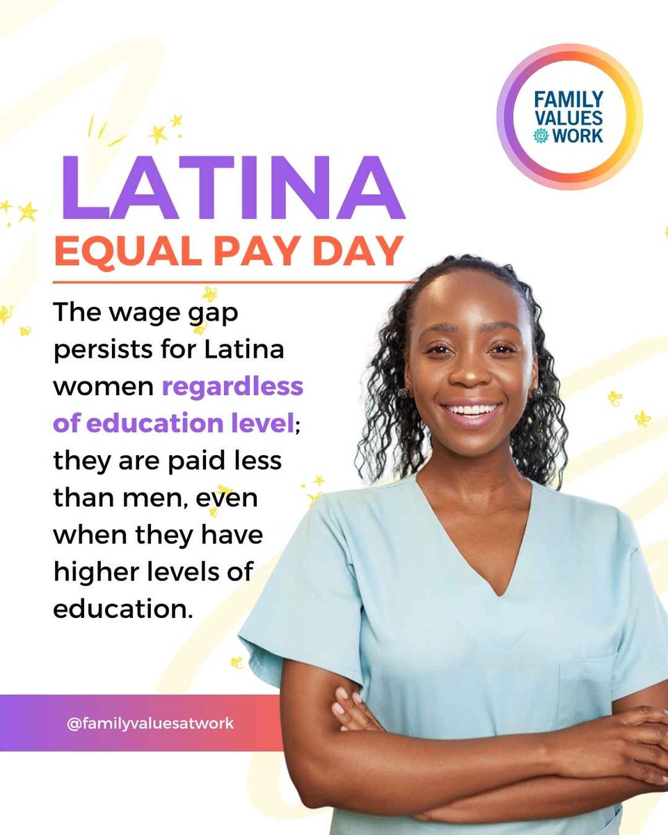 FmlyValuesWork's tweet photo. Latinas need to work up to October 8 -- that's an extra 10 months -- in order to earn what their white male counterpart (with same the qualifications) earned last year. That is not equal pay!

It’s bad enough that Latina workers are paid less than their counterparts, most can’t take a paid sick day or #paidleave. Pay disparity keeps Latinx families in poverty and working twice as hard to make ends meet. It's time for equal pay in America! #LatinaEqualPay #Trabajadoras