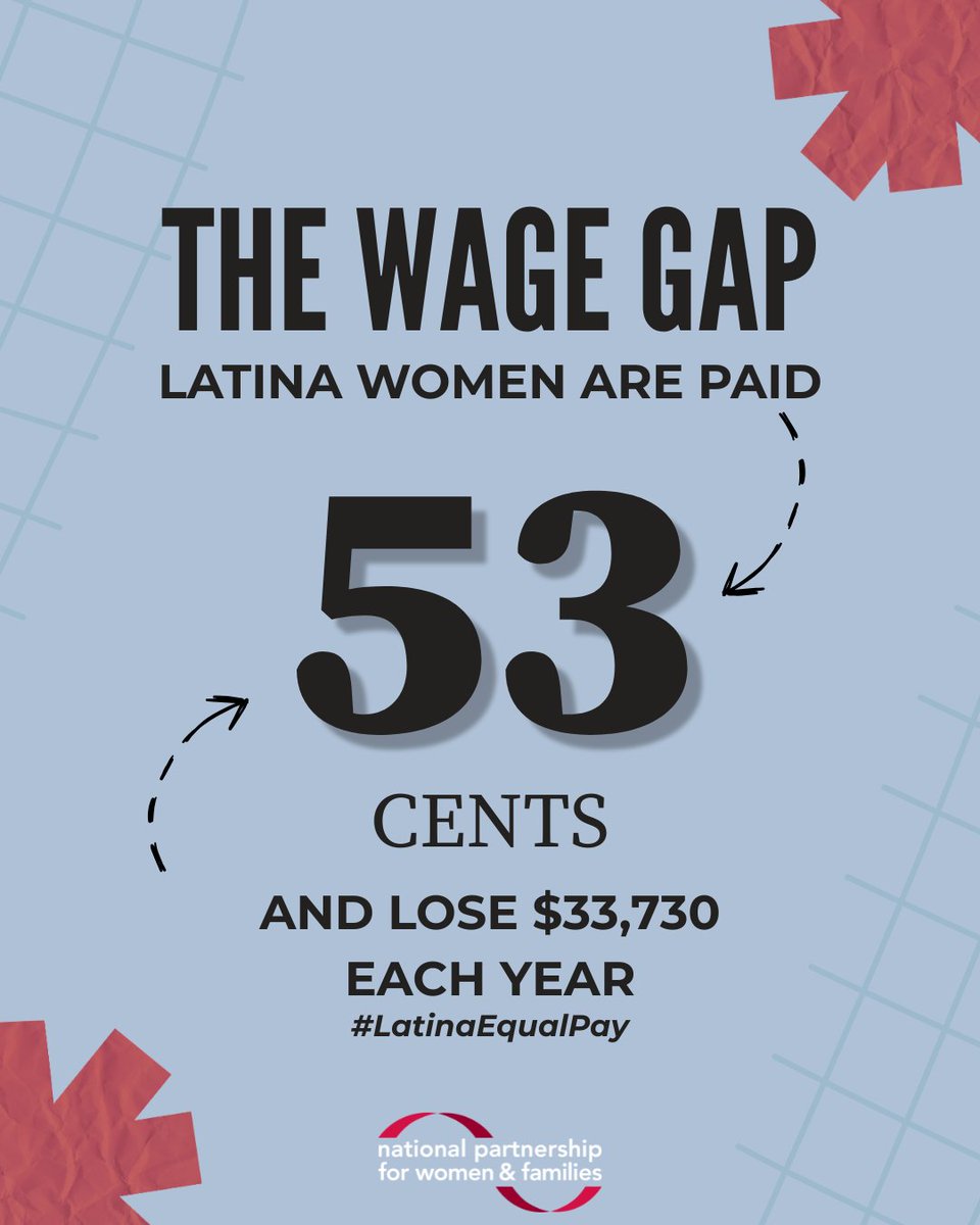 NPWF's tweet photo. Working Latina women in the US face one of the largest wage gaps. They’re paid almost half – just 53 cents on the dollar – of what white men are paid. Finding a way to close that gap is essential on this #LatinaEqualPay Day and every day! https://t.co/rs4PlhNQO9 https://t.co/YHRIqfQamR