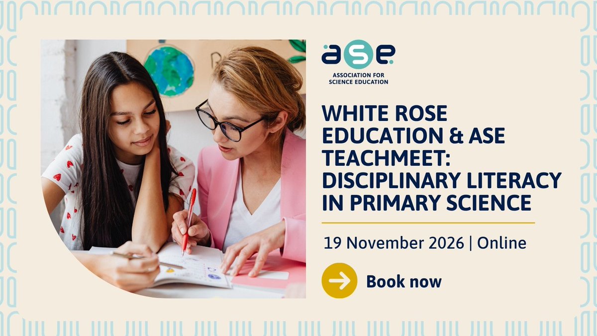 theASE's tweet photo. Join us to consider how comprehension skills, scientific enquiry and the working scientifically skills work together to improve outcomes in primary science, with the Head of Primary English and the Head of Primary Science at White Rose Education.

Book: https://t.co/JctFikH3ll https://t.co/R3Yx5QE8NK