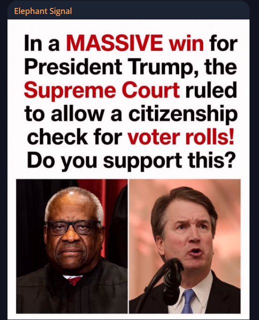ElephantSignal's tweet photo. 🚨BOOM:

In a massive win for President Trump, the Supreme Court ruled to allow a citizenship check for voter rolls.

Do you support this?

YES or NO? https://t.co/8eTAyzfLir