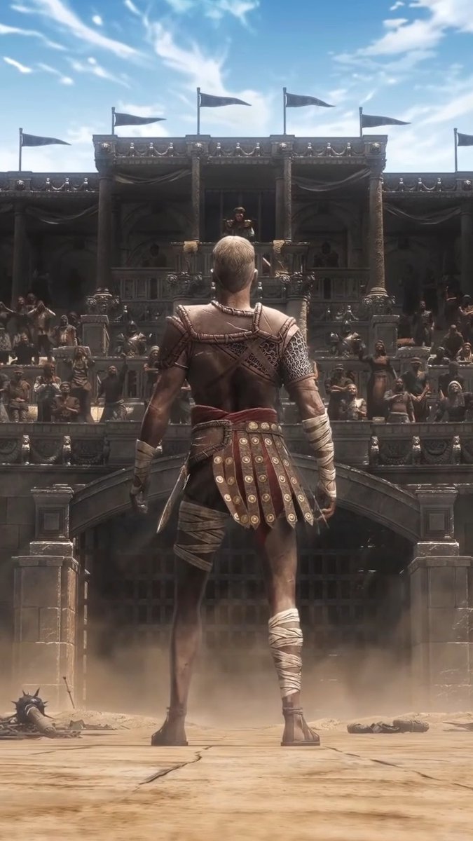 A dramatic digital artwork depicting a muscular warrior from behind, wearing gladiator-style armor, standing in an arena and facing a crowded colosseum under a partly cloudy sky.