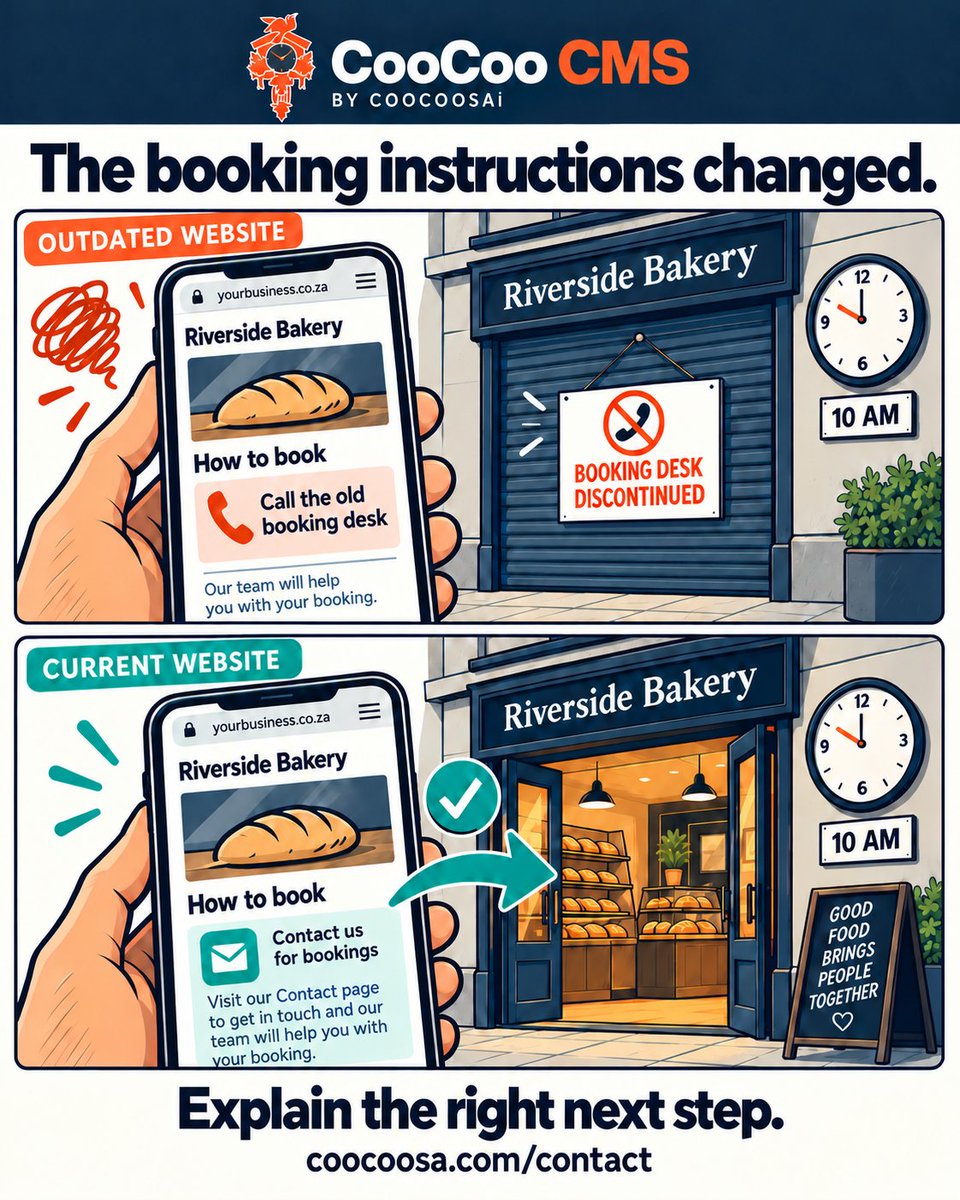 CooCooCoZa's tweet photo. The booking instructions changed.
Explain the right next step.
Illustrative business example. Discuss your website and CMS: https://t.co/nM7l2cMvEH
#CooCooCMS #WebDesign https://t.co/ENSZkS3gtq