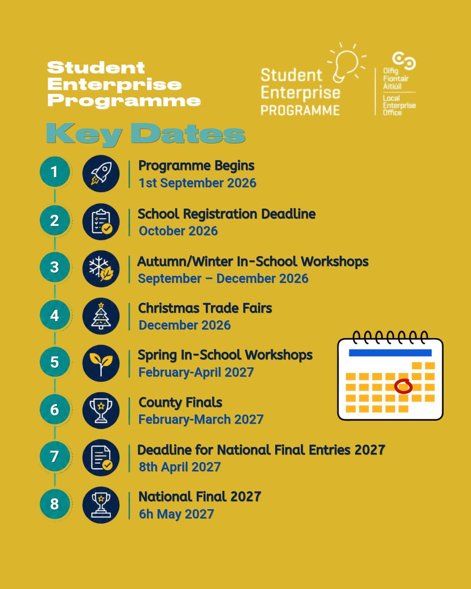 StudentEntProg's tweet photo. Here are the key dates for this year's Student Enterprise Programme! Remember October is deadline to register so if you haven't registered your school yet, here's your sign to do it now! 

➡️ https://t.co/d1YqNTrQEx
#studententerprise https://t.co/lUMe0qhbhr