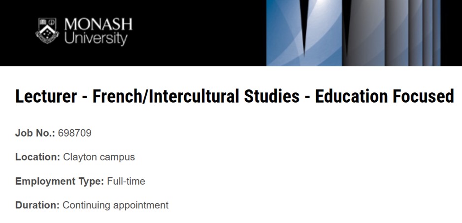 khalidlym's tweet photo. ๐ขJob alert: Monash University @LiteraryMonash invites applications for the position of Lecturer in French and Intercultural Studies. Application deadline: November 2nd. Details > https://t.co/O4vf8oIIMN #frenchstudies #interculturalstudies #teachingfrench https://t.co/OKfduI9UUm